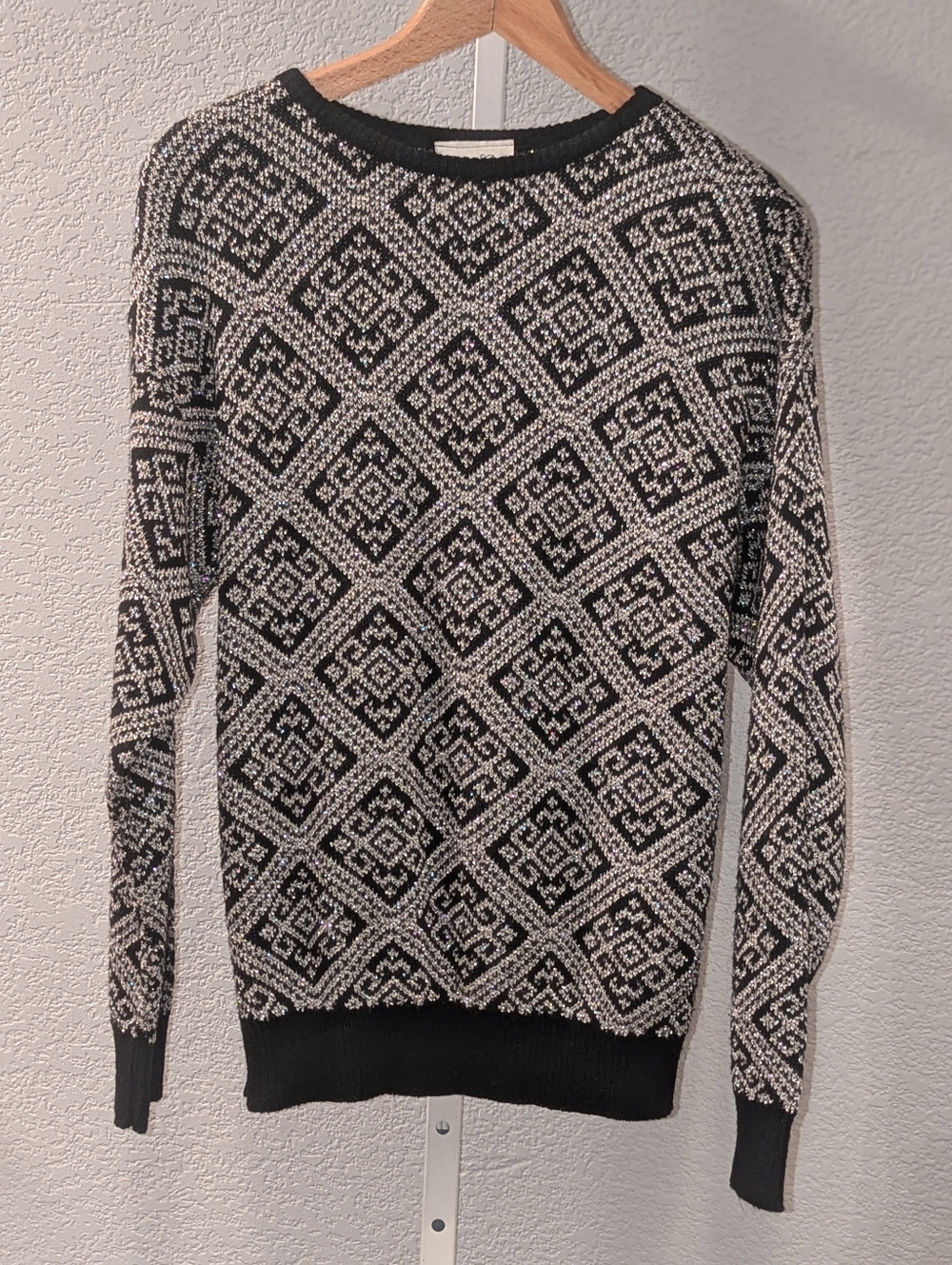 Vtg 1980s Carriage Court Metallic Silver Geometric Knit Sweater M